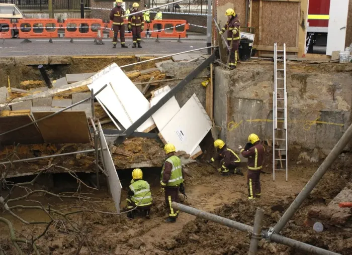 Framed Print : Firefighters attend collapse at building site Framed Print : Firefighters attend collapse at building site