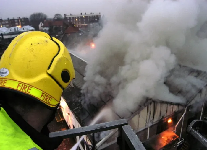 Framed Print : Firefighters attending fire at commercial premises Framed Print : Firefighters attending fire at commercial premises