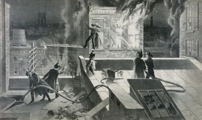 Framed Print : Firefighters fighting blaze from city roofs Framed Print : Firefighters fighting blaze from city roofs