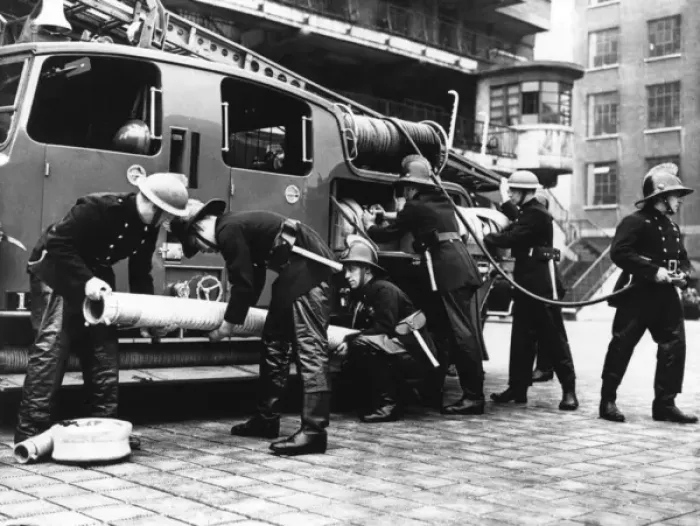 Framed Print : Firefighters with fire engine and appliances, WW2 Framed Print : Firefighters with fire engine and appliances, WW2