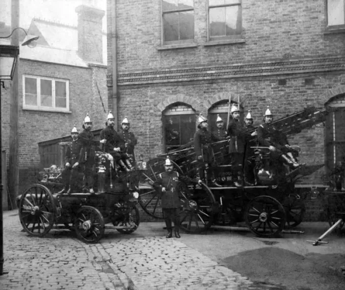 Framed Print : Firefighters with two fire engines Framed Print : Firefighters with two fire engines