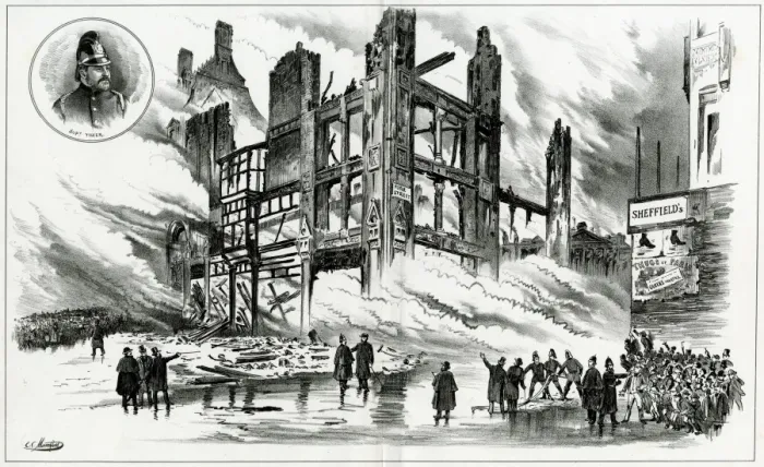 Framed Print : Firefighters at a fire in Fore Street, Birmingham Framed Print : Firefighters at a fire in Fore Street, Birmingham