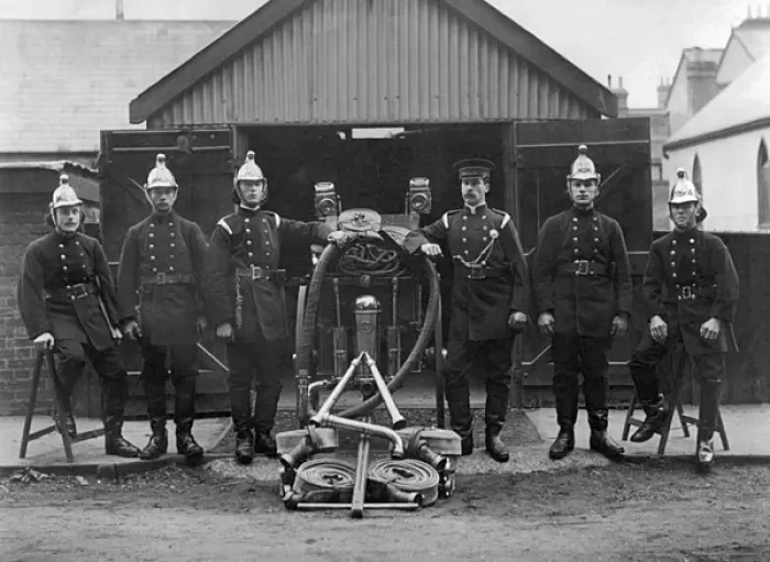 Framed Print : Firefighters with hose and pump equipment Framed Print : Firefighters with hose and pump equipment