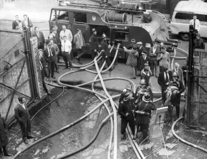 Framed Print : Firefighters at Lyons Maid, Stamford Street, London Framed Print : Firefighters at Lyons Maid, Stamford Street, London