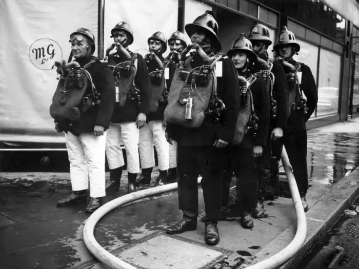 Framed Print : Firefighters at Middlesex Street, Aldgate, E1 Framed Print : Firefighters at Middlesex Street, Aldgate, E1
