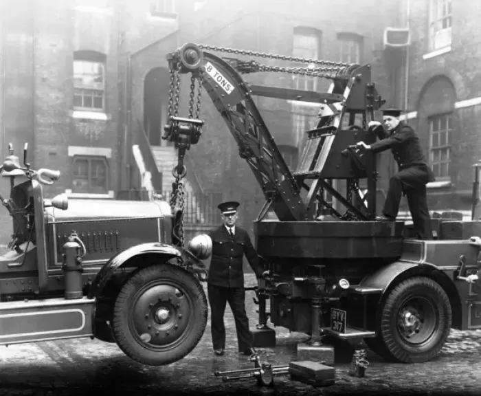 Framed Print : Firefighters operating a Dennis breakdown lorry Framed Print : Firefighters operating a Dennis breakdown lorry
