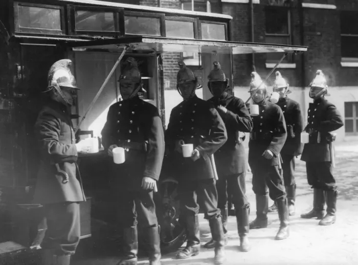 Framed Print : Firefighters outside canteen van Framed Print : Firefighters outside canteen van