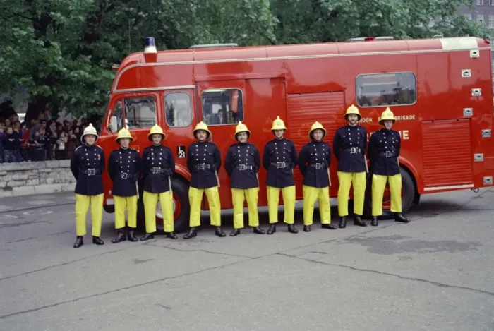 Framed Print : Firefighters on parade in front of their appliance Framed Print : Firefighters on parade in front of their appliance