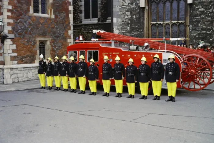 Framed Print : Firefighters on parade in front of their appliance Framed Print : Firefighters on parade in front of their appliance