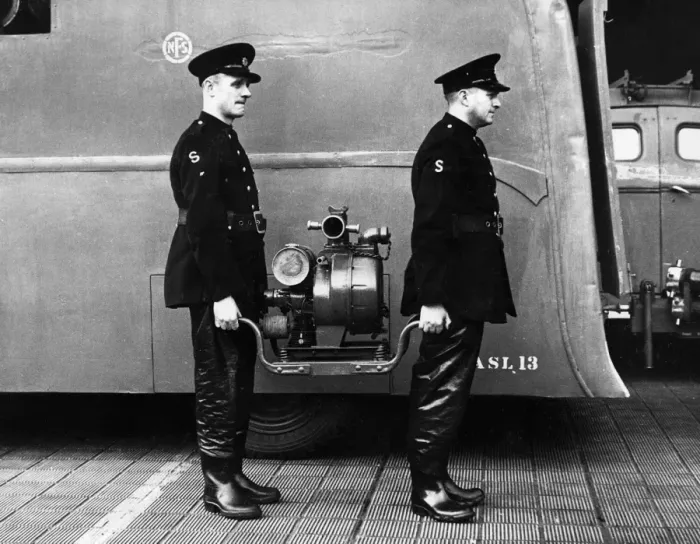 Framed Print : Two firefighters with salvage van and light pump, WW2 Framed Print : Two firefighters with salvage van and light pump, WW2