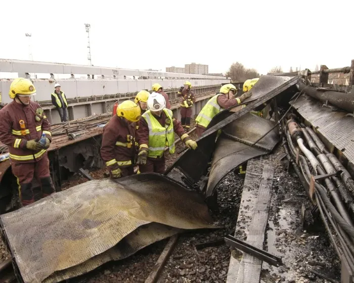 Framed Print : Firefighters at scene of railway fire, West London Framed Print : Firefighters at scene of railway fire, West London