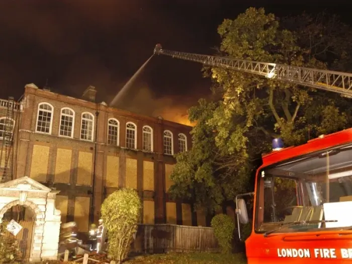 Framed Print : Firefighters at the scene of a school fire, SE London Framed Print : Firefighters at the scene of a school fire, SE London