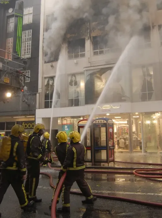 Framed Print : Firefighters at scene of shop fire in Oxford Street Framed Print : Firefighters at scene of shop fire in Oxford Street