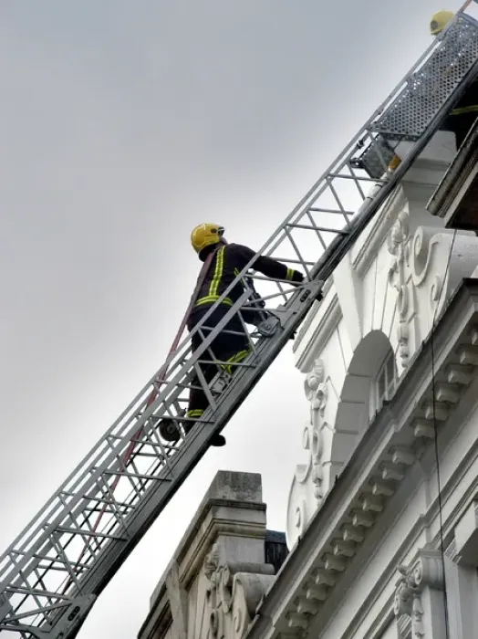 Framed Print : Firefighters using turntable ladder Framed Print : Firefighters using turntable ladder