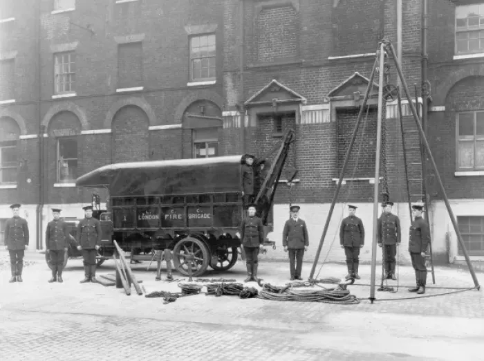 Framed Print : Firefighters and a van with equipment laid out Framed Print : Firefighters and a van with equipment laid out