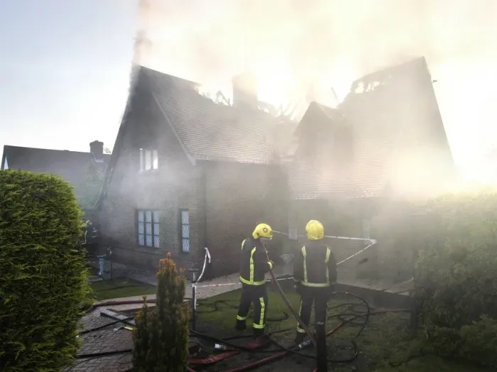 Framed Print : Firefighters working at scene of domestic fire, Harrow Framed Print : Firefighters working at scene of domestic fire, Harrow