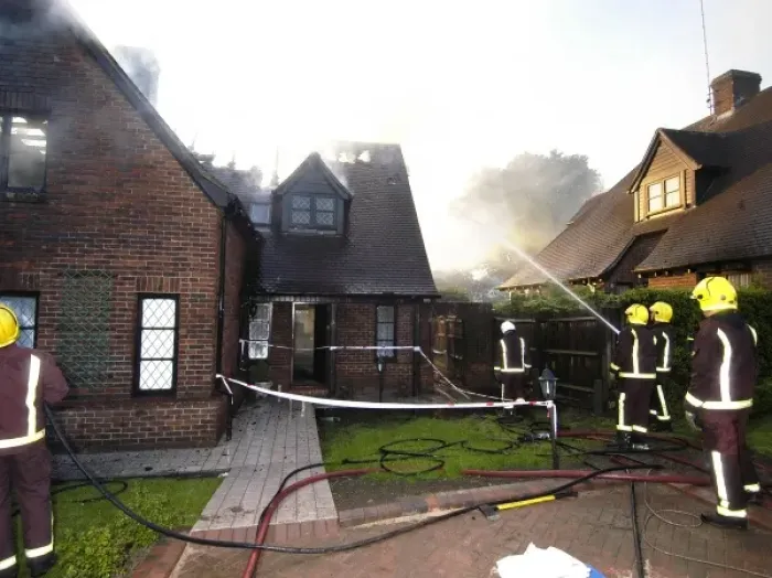 Framed Print : Firefighters working at scene of domestic fire, Harrow Framed Print : Firefighters working at scene of domestic fire, Harrow