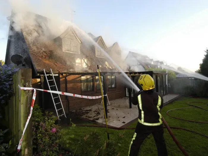 Framed Print : Firefighters working at scene of domestic fire, Harrow Framed Print : Firefighters working at scene of domestic fire, Harrow