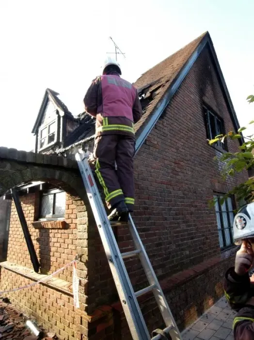 Framed Print : Firefighters working at scene of domestic fire, Harrow Framed Print : Firefighters working at scene of domestic fire, Harrow