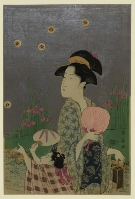 Framed Print : Fireflies. Print shows a woman holding a fan and a firefly cage Framed Print : Fireflies. Print shows a woman holding a fan and a firefly cage
