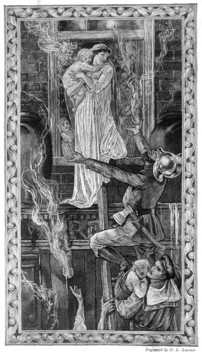Framed Print : Fireman climbing a ladder at a fire Framed Print : Fireman climbing a ladder at a fire