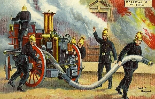 Firemen. ' From a postcard illustration. ' The Arrival of the Fire'. ' Date: 1903