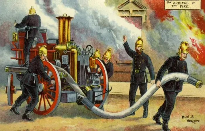 Framed Print : Firemen. From a postcard illustration. The Arrival of the Fire'. Date: 1903 Framed Print : Firemen. From a postcard illustration. The Arrival of the Fire'. Date: 1903