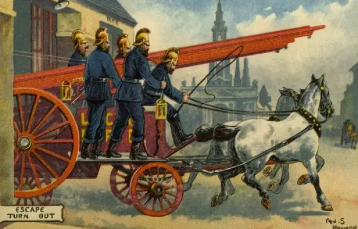 Framed Print : Firemen. From a postcard illustration. Escape Turn Out'. Date: 1903 Framed Print : Firemen. From a postcard illustration. Escape Turn Out'. Date: 1903