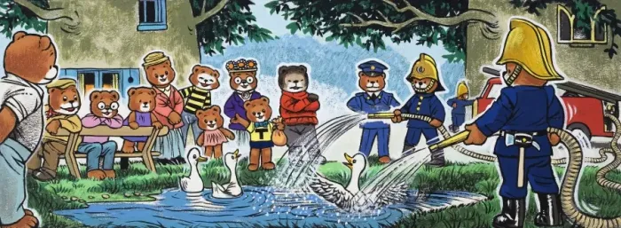 Framed Print : Firemen spraying ducks Framed Print : Firemen spraying ducks
