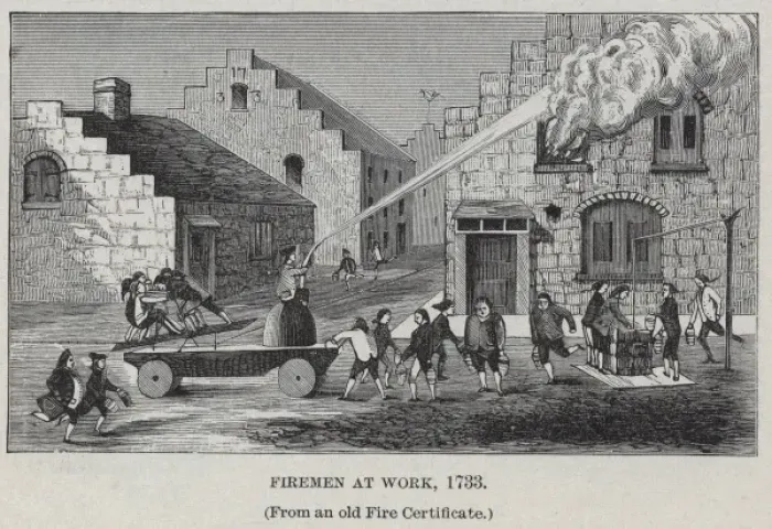 Framed Print : Firemen at work, 1733 (From an old Fire Certificate) Framed Print : Firemen at work, 1733 (From an old Fire Certificate)