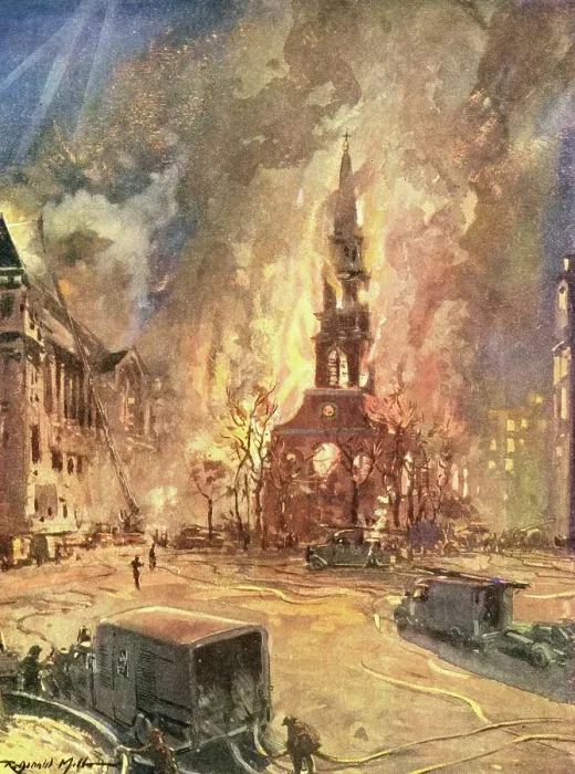 Framed Print : Fires spreading uncontrolled during WWII air raid Framed Print : Fires spreading uncontrolled during WWII air raid