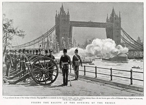 Firing the salute at the opening of Tower Bridge, London. Date: 30th June 1894