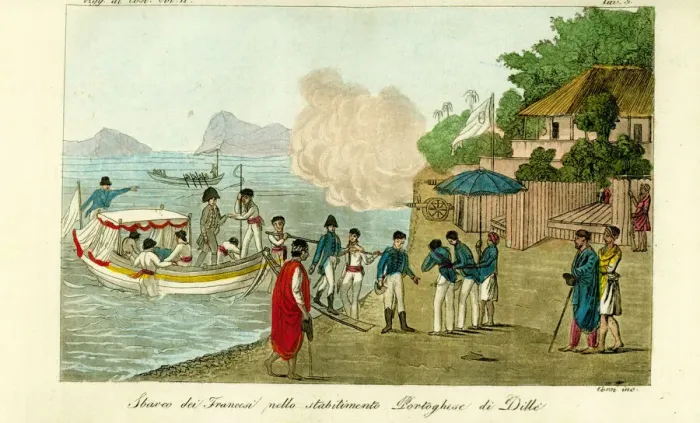 Framed Print : First arrival at the Portuguese settlement at Dille, Timor Framed Print : First arrival at the Portuguese settlement at Dille, Timor