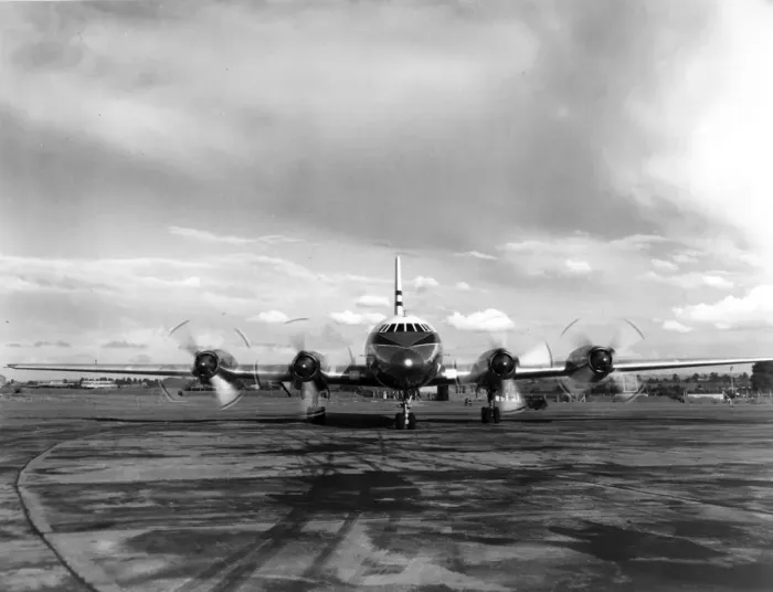 Framed Print : The first Bristol Britannia G-ALBO taxying in after a test Framed Print : The first Bristol Britannia G-ALBO taxying in after a test