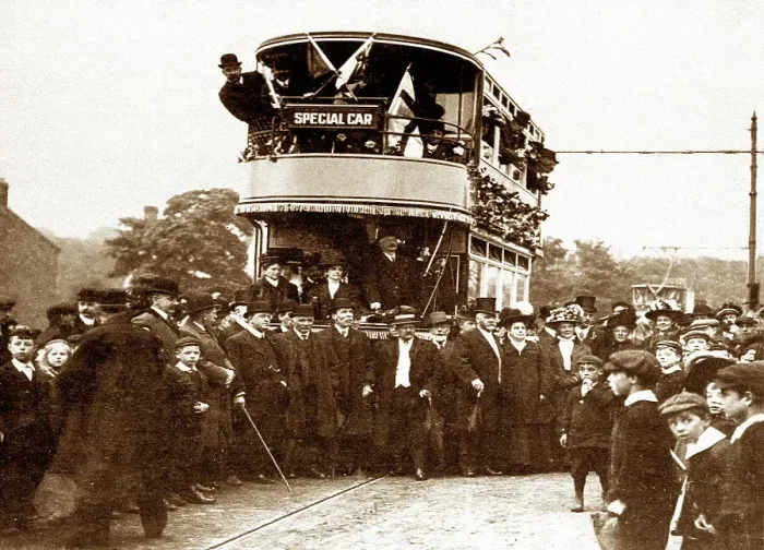 Framed Print : First tram from Leeds, Yeadon, early 1900s Framed Print : First tram from Leeds, Yeadon, early 1900s