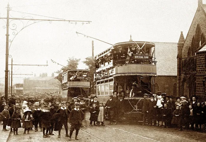 Framed Print : First tram from Leeds, Yeadon, early 1900s Framed Print : First tram from Leeds, Yeadon, early 1900s