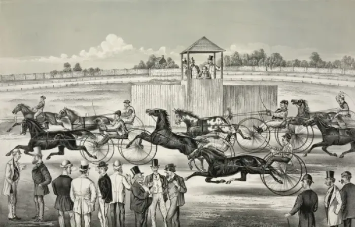 Framed Print : First trot of the season: Free for all horses go as they ple Framed Print : First trot of the season: Free for all horses go as they ple