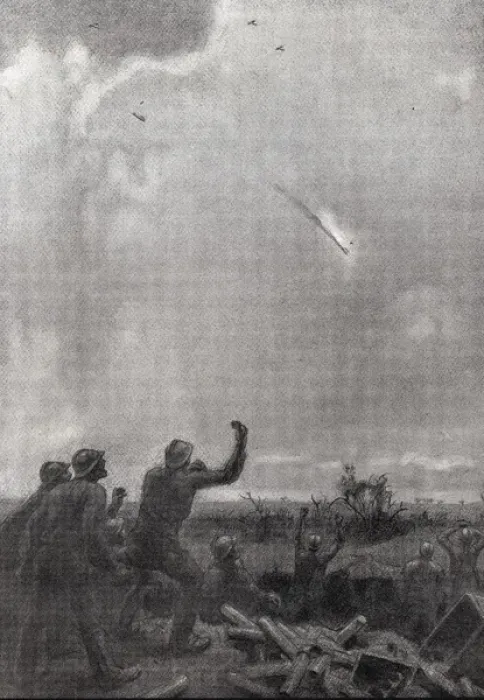 Framed Print : First World War (1918). German plane on fire, beign Framed Print : First World War (1918). German plane on fire, beign