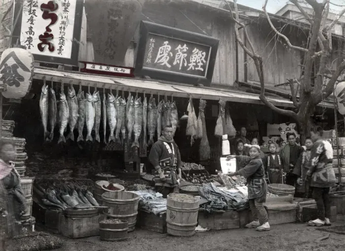 Framed Print : Fish stall, Japan, c. 1880 Vintage late 19th century photograph Framed Print : Fish stall, Japan, c. 1880 Vintage late 19th century photograph