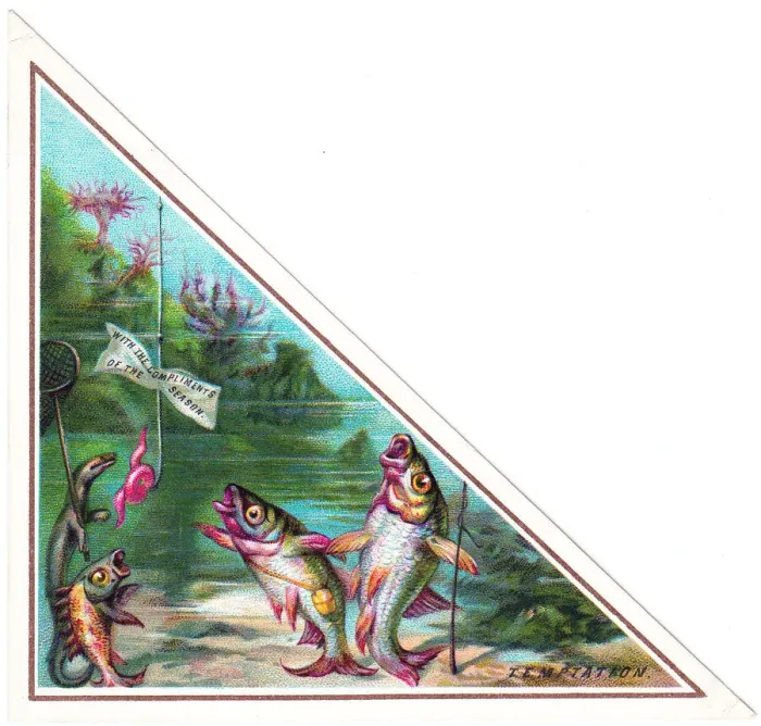 Framed Print : Fish staring at worm on hook on a triangular Christmas card Framed Print : Fish staring at worm on hook on a triangular Christmas card