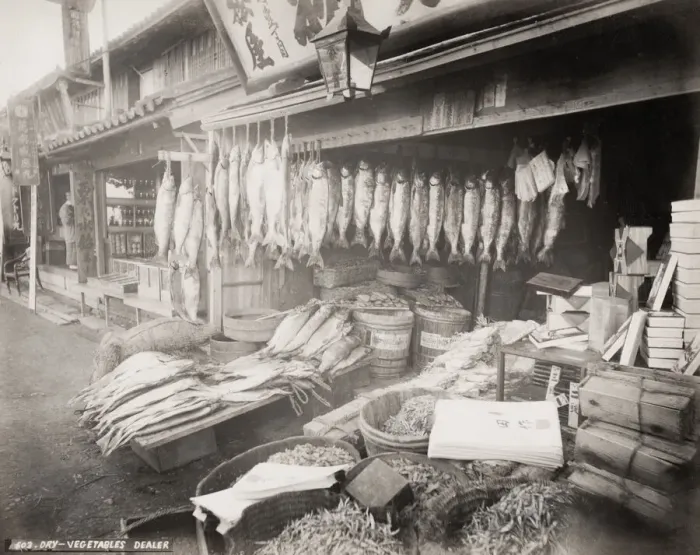 Framed Print : Fish and vegetable shop, dealer, Japan c. 1880 s Framed Print : Fish and vegetable shop, dealer, Japan c. 1880 s