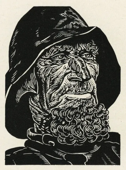 Framed Print : Fisherman. Woodcut of fisherman in sou wester. Date: 1928 Framed Print : Fisherman. Woodcut of fisherman in sou wester. Date: 1928