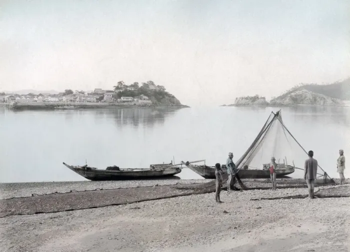 Framed Print : Fisherman and boat, inland sea, Bingo, Japan, c. 1890 Vintage late 19th century photograph Framed Print : Fisherman and boat, inland sea, Bingo, Japan, c. 1890 Vintage late 19th century photograph