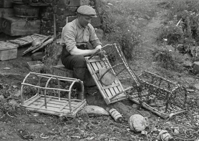 Framed Print : Fisherman repairing lobster pots Framed Print : Fisherman repairing lobster pots