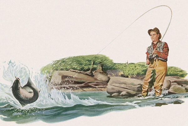 Fisherman Snags Salmon Date: 1950