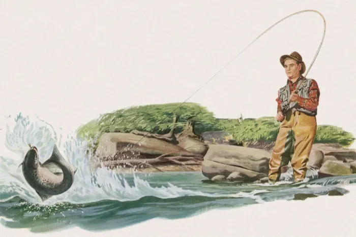 Framed Print : Fisherman Snags Salmon Date: 1950 Framed Print : Fisherman Snags Salmon Date: 1950