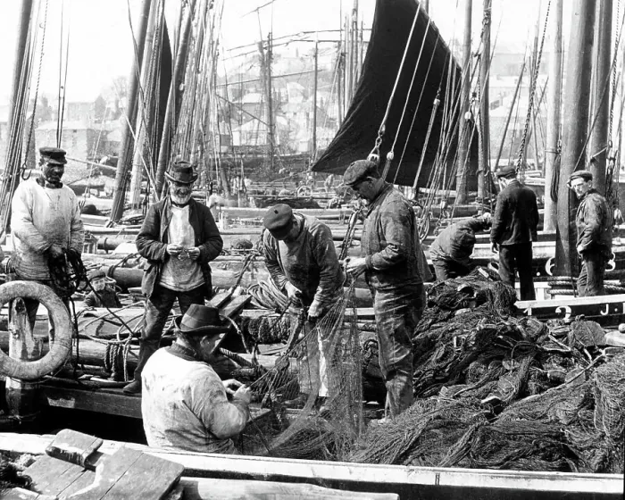 Framed Print : Fishermen in Newlyn Cornwall Victorian period Framed Print : Fishermen in Newlyn Cornwall Victorian period