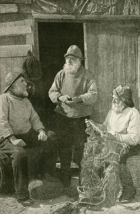 Framed Print : Three fishermen outside their hut, East Anglia, England Framed Print : Three fishermen outside their hut, East Anglia, England