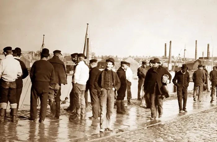 Framed Print : Fishermen waiting for work, Plymouth, Victorian period Framed Print : Fishermen waiting for work, Plymouth, Victorian period
