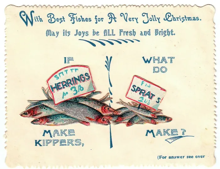 Framed Print : Fishes with comic verse on a Christmas card Framed Print : Fishes with comic verse on a Christmas card